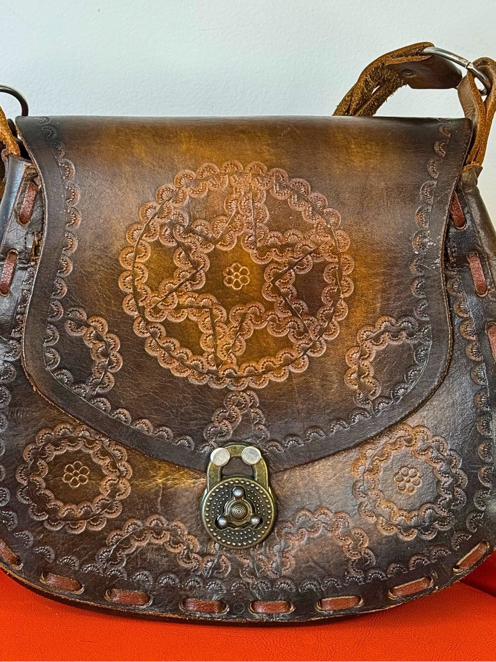 70s Dark Brown Hand Tooled Western Festival Shoulder Bag Purse